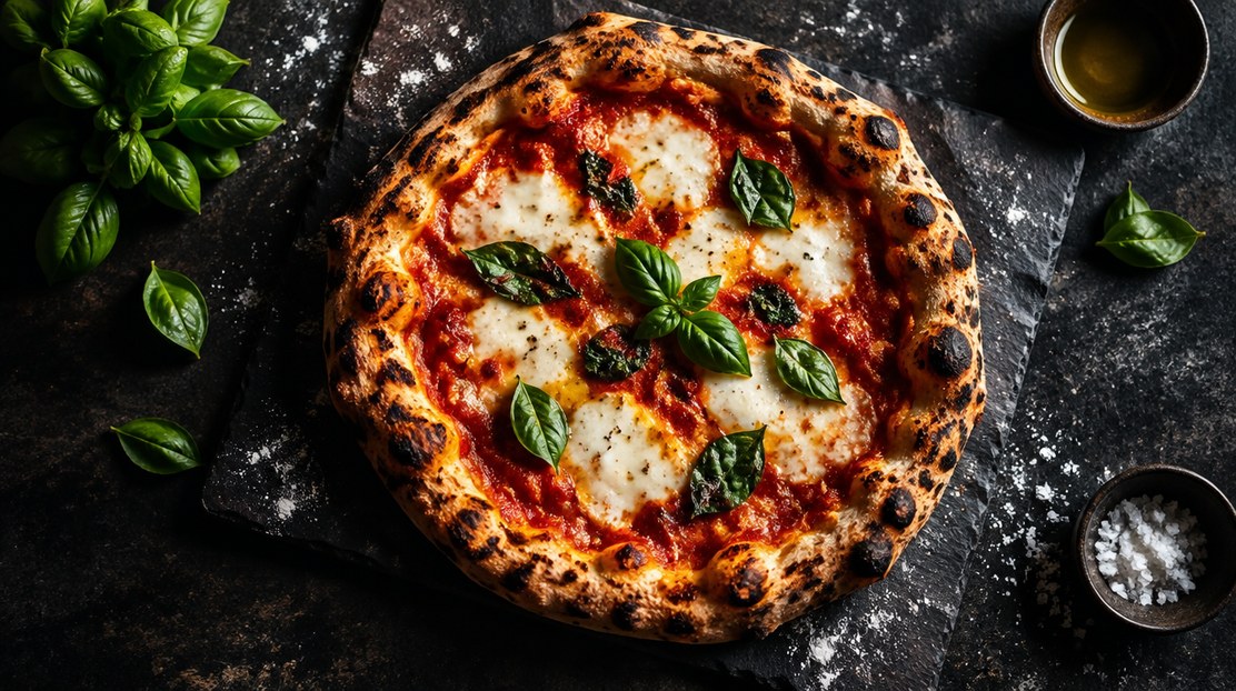 Wood-fired margherita pizza on a slate board